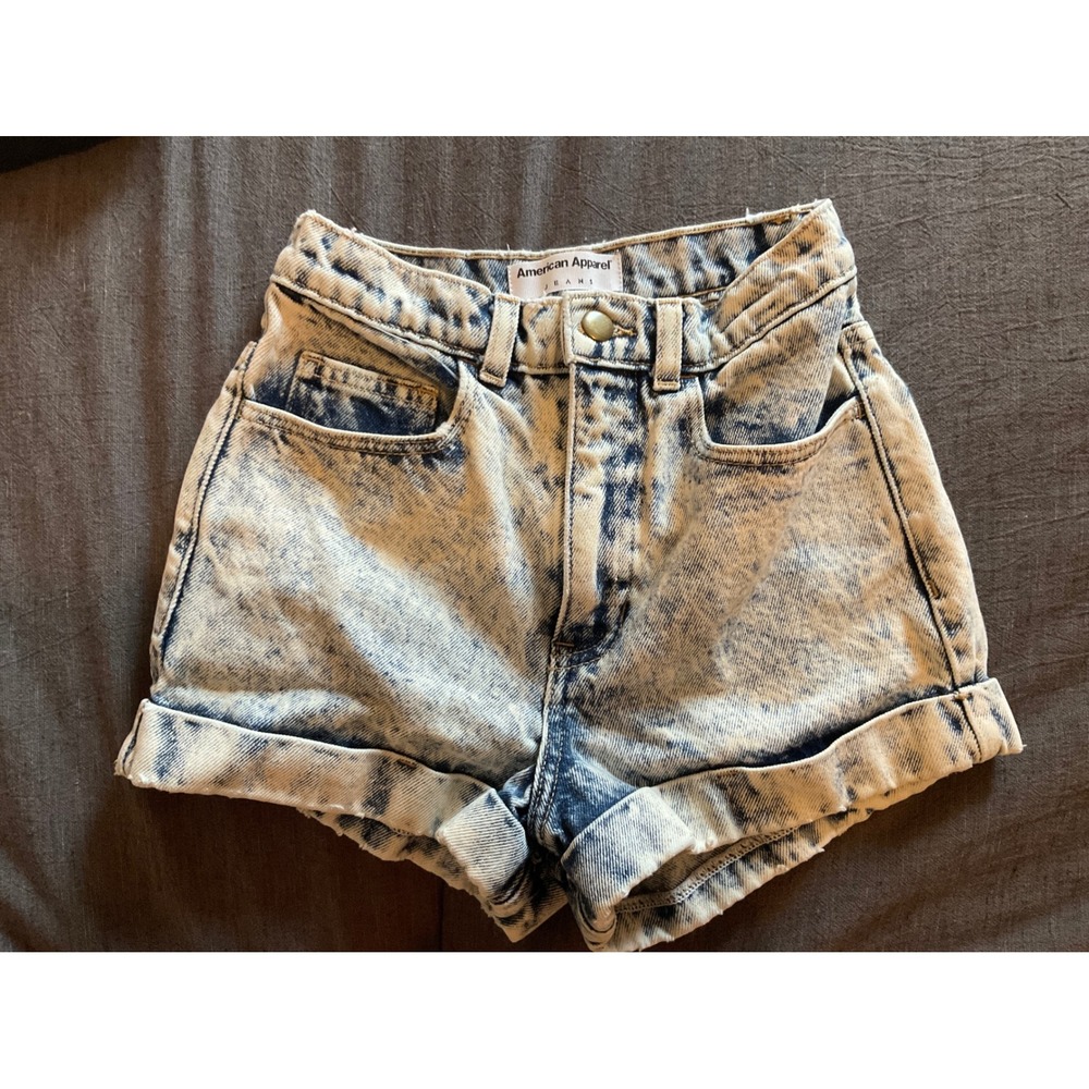 American Apparel Denim High Waisted Cuffed Shorts Acid Wash Blue